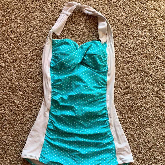 Retro Blue & White One Piece Swimsuit - Picture 1 of 1